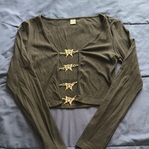 Olive Long Sleeve Top with Gold Accents